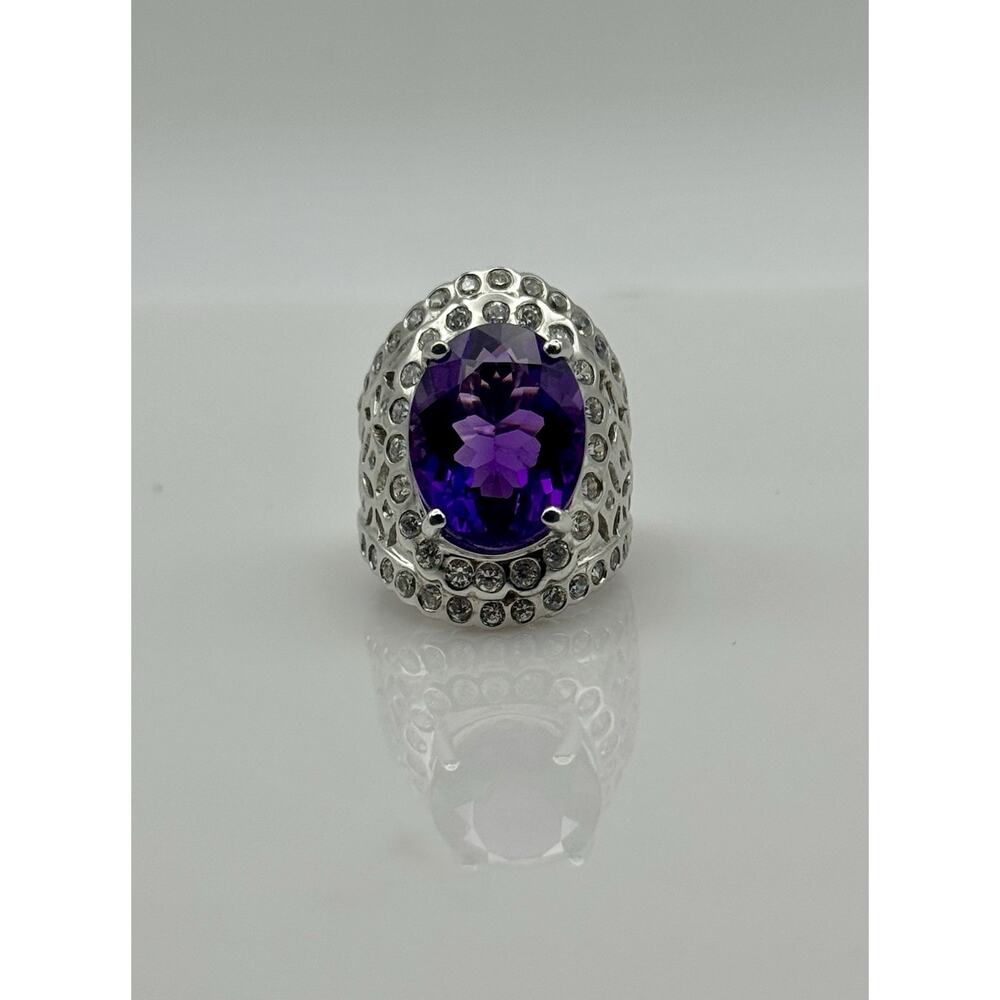 Size 6 Sterling Silver Deep Purple Handmade Oval Faceted Amethyst Ring